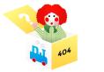 Bosco with a surprised expression, coming out of a box with a question mark, a train and the text 404 on its sides.